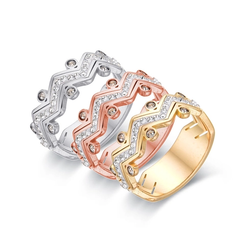 Anillo de Acero Inoxidable en Zigzag para Mujer Incrustado con Zirconia Oro Plata Oro Rosa Hueco Geométrico Moda