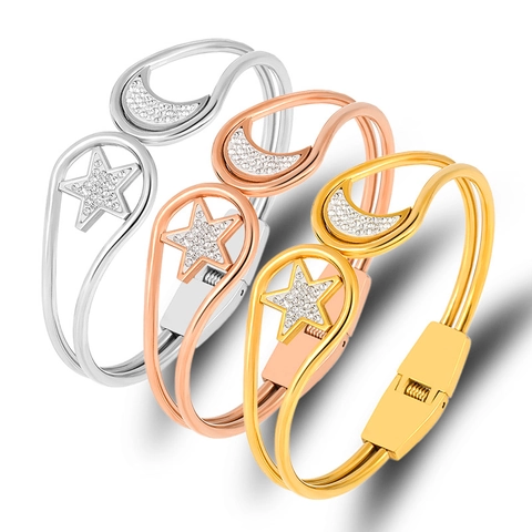 Fashion Stainless Steel Star Moon Hinged Bracelet For Women Zirconia Inlaid Enamel Double Line Hollow Cuff Bangle Jewelry