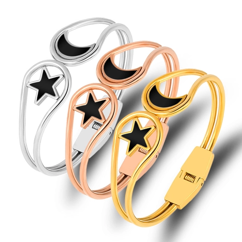 Fashion Stainless Steel Star Moon Hinged Bracelet For Women Zirconia Inlaid Enamel Double Line Hollow Cuff Bangle Jewelry