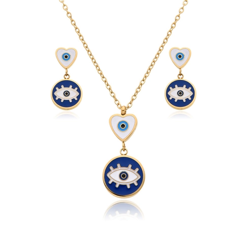 Collana e Orecchini in Acciaio Inossidabile Cuore Malocchio Turco Placcato Oro Argento Smalto Gioielli Etnici Moda per Donna