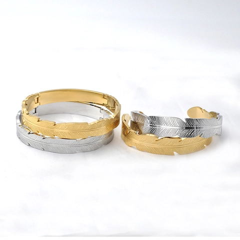 Feather Texture Stainless Steel Bracelet For Women Men Gold Silver Black Plated Hinged Open Cuff Bangle Fashion Jewelry