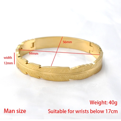 Feather Texture Stainless Steel Bracelet For Women Men Gold Silver Black Plated Hinged Open Cuff Bangle Fashion Jewelry