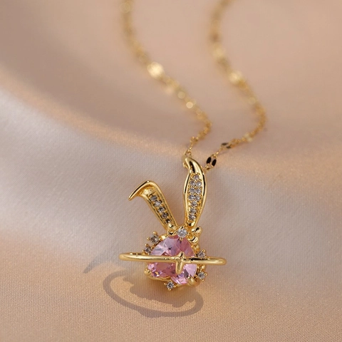 Fashion Titanium Steel Rabbit Pendant Necklace For Women Pink Heart Gemstone Zirconia Planet Ring Clavicle Chain Jewelry