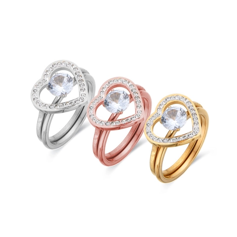 Romantic Heart Shaped Stainless Steel Ring Set For Women Gold Rose Gold Silver Pave Zirconia Double Layer Engagement Wedding Jewelry