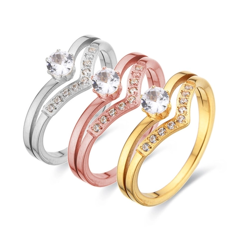 Elegante Anillo de Acero Inoxidable de Doble Capa Forma de V Corona para Mujer Circonia Oro Rosa Joyería Regalo Banquete