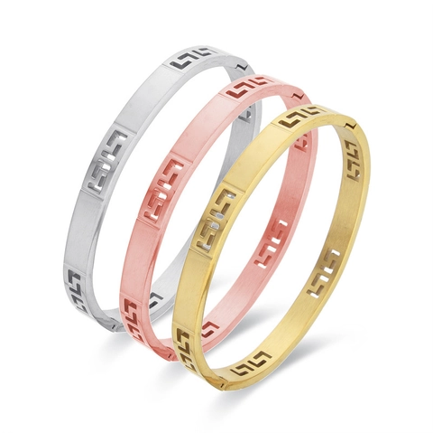 Vintage Stainless Steel Greek Key Hollow Bangle For Women Retro Geometric Meander Pattern Oval Clasp Bracelet Jewelry