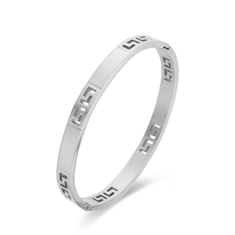 Vintage Stainless Steel Greek Key Hollow Bangle For Women Retro Geometric Meander Pattern Oval Clasp Bracelet Jewelry