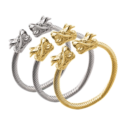 Men Vintage Titanium Steel Twisted Wire Rope Double Dragon Head Bangle Open Adjustable Punk Ethnic Style Bracelet Jewelry