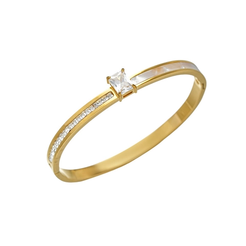 Bracelet Jonc Vague en Acier Inoxydable pour Femmes Plaqué Or Argent Cœur Émail Zircone Nacre Bracelet Ouvert Bijoux