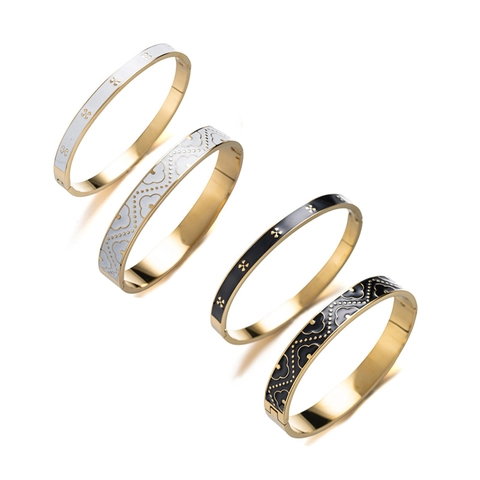 Brazalete con Bisagra de Esmalte Trébol de Cuatro Hojas Minimalista Acero de Titanio Chapado en Oro Negro Blanco Patrón de Ondas Joyería Mujer