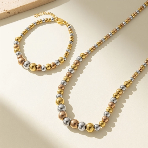 Collana E Bracciale In Acciaio Inossidabile Con Perline Tricolore Per Donna Oro Argento Oro Rosa Perline A Sfera Elegante Bijoux