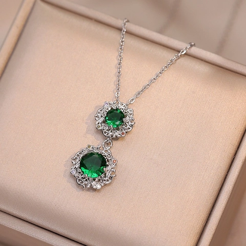 Vintage Double Emerald Green Zirconia Pendant Necklace Titanium Steel Geometric Cross Chain Jewelry For Women Gold Silver