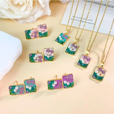 Vintage Smalto Fiore Pendente Collana Orecchini Set di Gioielli Placcato Oro Catena in Acciaio Inox Donna Accessorio