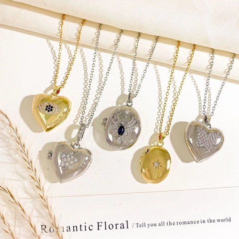 Vintage Titanium Steel Locket Necklace For Women Gold Silver Plated Copper Zirconia Heart Oval Openable Photo Frame Pendant Evil Eye Moon Star Jewelry Gift