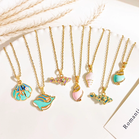 Collana con Pendente a Tema Oceano in Acciaio Inossidabile e Rame Smalto Balena Conchiglia Stella Marina Gioielli Donna