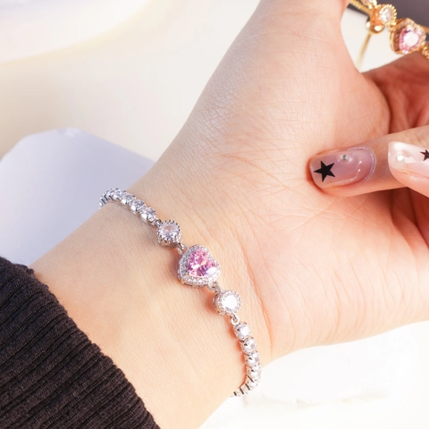 Elegant Pink Heart Zirconia Adjustable Slider Bracelet Gold Silver Plated Sparkling Round Crystal Jewelry For Women Valentine Gift