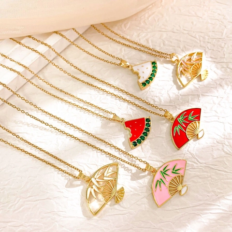 Vintage Chinese Style Bamboo Leaf Fan Watermelon Pendant Necklace For Women Titanium Steel Copper Gold Plated Enamel Jewelry