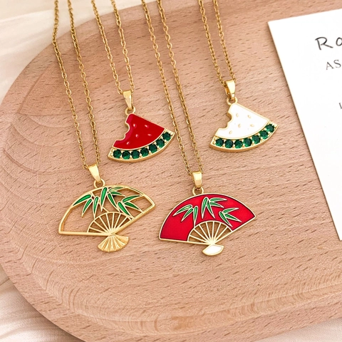Vintage Chinese Style Bamboo Leaf Fan Watermelon Pendant Necklace For Women Titanium Steel Copper Gold Plated Enamel Jewelry