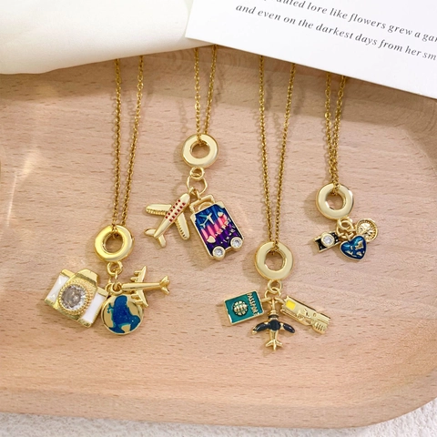 Travel Theme Titanium Steel Necklace With Camera Airplane Heart Earth Pendant Zirconia Real Gold Plated Jewelry For Women