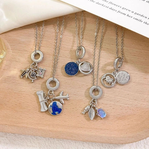 Travel Theme Titanium Steel Necklace With Camera Airplane Heart Earth Pendant Zirconia Real Gold Plated Jewelry For Women