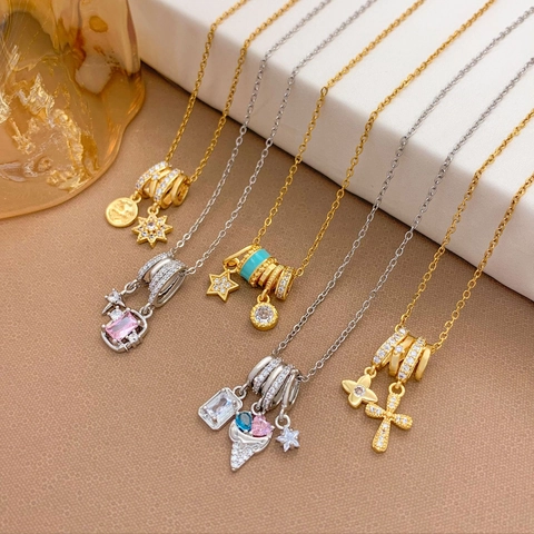 Fashion Stainless Steel Chain Copper Pendant Necklace With Zirconia Enamel Star Heart Shell Charm Jewelry For Women