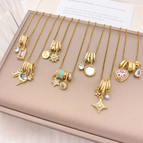 Fashion Stainless Steel Chain Copper Pendant Necklace With Zirconia Enamel Star Heart Shell Charm Jewelry For Women