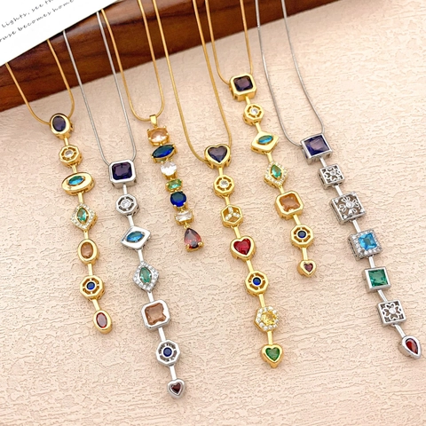 Multi Color Zirconia Geometric Pendant Necklace For Women Titanium Steel Gold Silver Plated Vintage Luxury Party Jewelry Gift