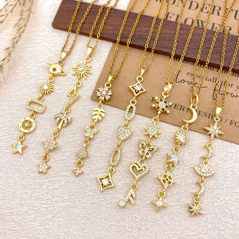 Fashion Stainless Steel Chain Copper Zirconia Tassel Pendant Necklace For Women Sun Moon Star Heart Planet Butterfly Shell Jewelry Gift