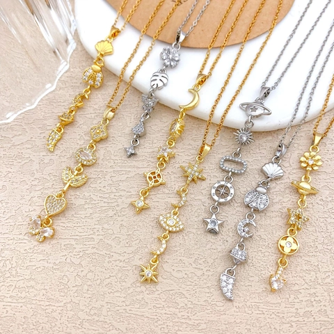 Fashion Stainless Steel Chain Copper Zirconia Tassel Pendant Necklace For Women Sun Moon Star Heart Planet Butterfly Shell Jewelry Gift