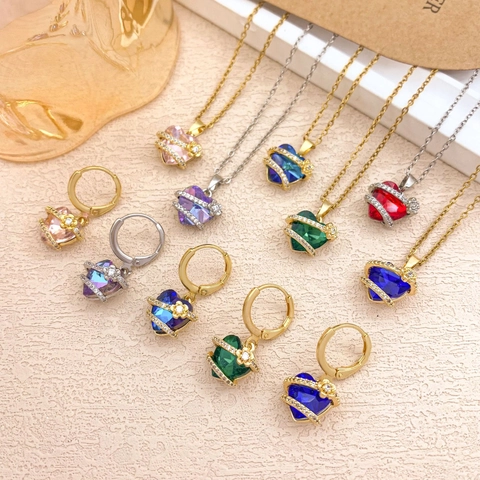Stainless Steel Heart Crystal Necklace Earring Jewelry Set Gold Silver Zirconia Flower Pendant For Women Party Wedding Gift