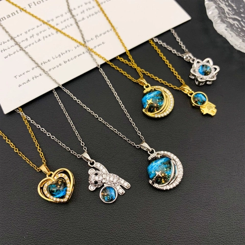 Women Blue Starry Sky Planet Pendant Necklace Stainless Steel Gold Silver Chain Astronaut Bear Heart Angel Jewelry For Dating Daily Wear