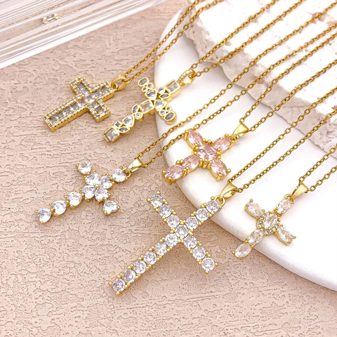 Stainless Steel Zirconia Cross Pendant Necklace For Women Luxury Gold Silver Plated Heart Crown Religious Fashion Jewelry