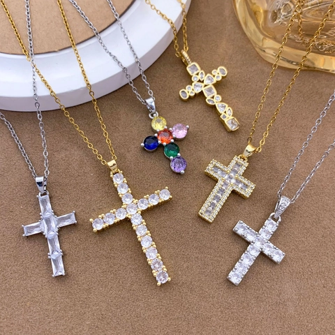 Stainless Steel Zirconia Cross Pendant Necklace For Women Luxury Gold Silver Plated Heart Crown Religious Fashion Jewelry