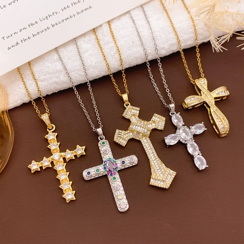 Collar con Colgante de Cruz de Acero de Titanio para Mujer Cobre Bañado en Oro Plata Circonita Perla Artificial de Imitación Corazón Estrella Joyería Religiosa