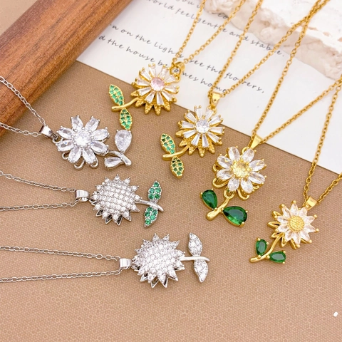 Rotierender Sonnenblumen Anhänger Halskette Titanstahl Kette Zirkonia Gänseblümchen Spinner Kette Für Damen Mode Nischen Schmuck Geschenk