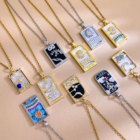 Vintage Tarot Card Necklace For Women Stainless Steel Chain Copper Zirconia Inlaid Sun Moon Pendant Mystical Jewelry Gift