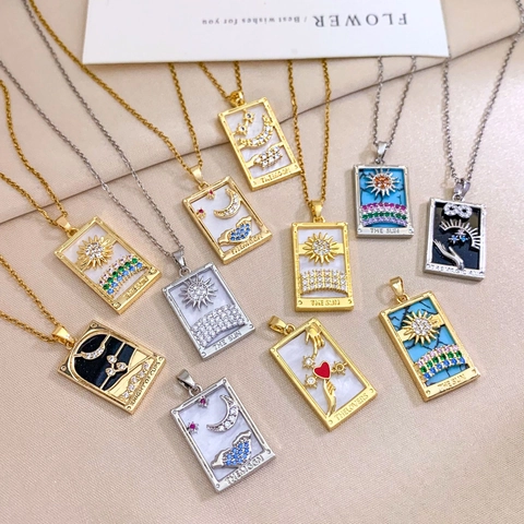 Vintage Tarot Card Necklace For Women Stainless Steel Chain Copper Zirconia Inlaid Sun Moon Pendant Mystical Jewelry Gift