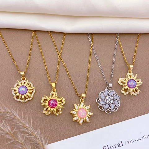 Rotating Sunflower Pendant Necklace Stainless Steel Chain Copper Zirconia Cat Eye Stone Luxury Jewelry For Women