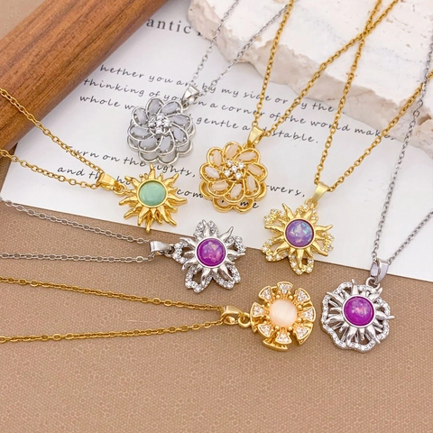Rotating Sunflower Pendant Necklace Stainless Steel Chain Copper Zirconia Cat Eye Stone Luxury Jewelry For Women