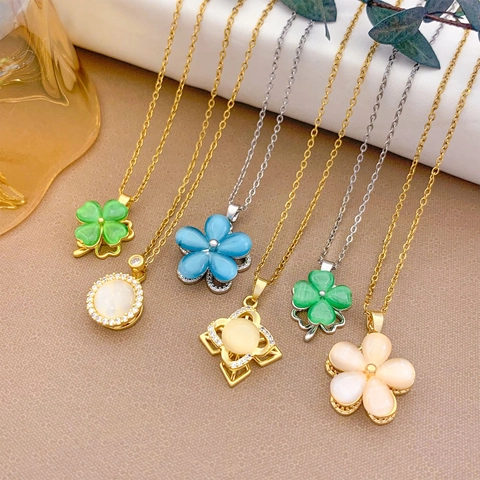 Fashion Rotating Cat's Eye Flower Necklace For Women Titanium Steel Real Gold Plated Clover Petal Pendant Zirconia Jewelry