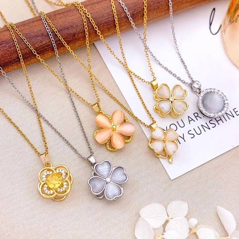 Fashion Rotating Cat's Eye Flower Necklace For Women Titanium Steel Real Gold Plated Clover Petal Pendant Zirconia Jewelry