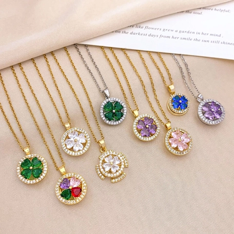 Stainless Steel Rotating Four Petal Flower Pendant Necklace For Women Copper Zirconia Heart Clover Sweet Luxury Jewelry Necklace