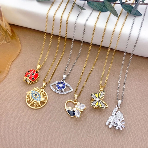 Rotatable Evil Eye Butterfly Titanium Steel Necklace Gold Silver Zircon Dragonfly Heart Pendant Jewelry For Women