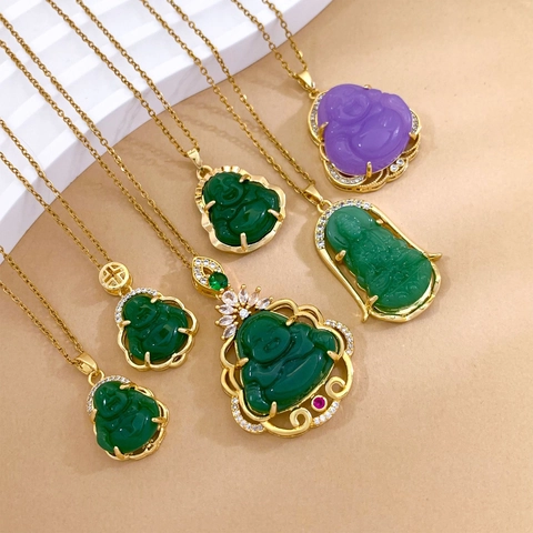 Chinese Style Gold Plated Titanium Steel Maitreya Buddha Guanyin Pendant Necklace With Zirconia Rhinestones For Women Lucky Jewelry