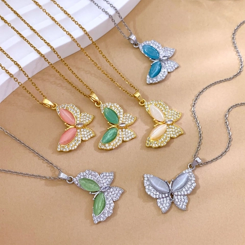 Fashion Titanium Steel Butterfly Pendant Necklace With Cat's Eye Stone Zirconia Real Gold Plated Chain Jewelry For Women