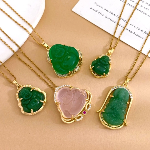 Chinese Style Gold Plated Titanium Steel Maitreya Buddha Guanyin Pendant Necklace With Zirconia Rhinestones For Women Lucky Jewelry