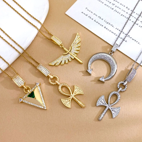 Titanium Steel Necklace Vintage Luxury Ancient Egyptian Ankh Cross Wings Pendant Necklace Gold Silver Zirconia Jewelry For Women