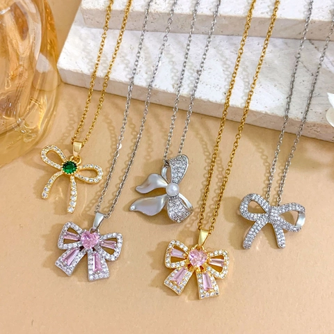 Élégant Collier Pendentif Nœud Papillon en Zircone Pour Femmes Chaîne en Acier Inoxydable Ras de Cou Bijoux de Mode Cadeau