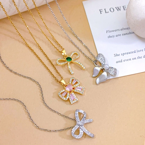 Élégant Collier Pendentif Nœud Papillon en Zircone Pour Femmes Chaîne en Acier Inoxydable Ras de Cou Bijoux de Mode Cadeau