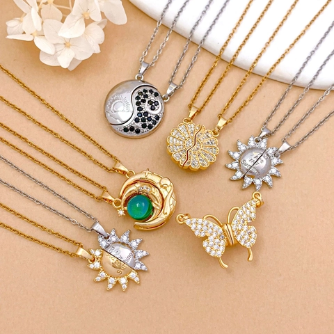 Titanium Steel Sun Moon Magnetic Couple Necklace For Women Gold Silver Plated Copper Zirconia Matching Jewelry Set